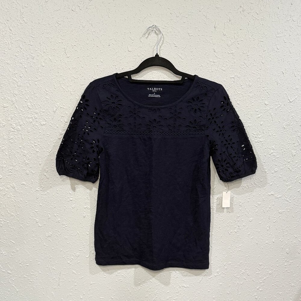 NWT Talbots Navy Blue Eyelet Petite Blouse